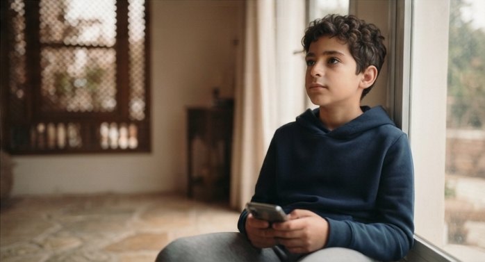 The same boy, calmer, looking up from his phone towards a window.