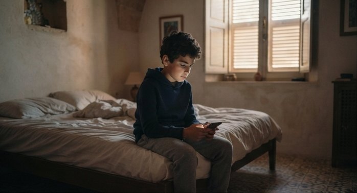 A boy sitting alone on the edge of his bed in a dim room, looking down at his phone.